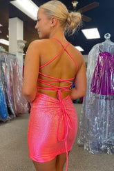 Sparkly Pink Beaded Lace-Up Back Tight Short Homecoming Dress